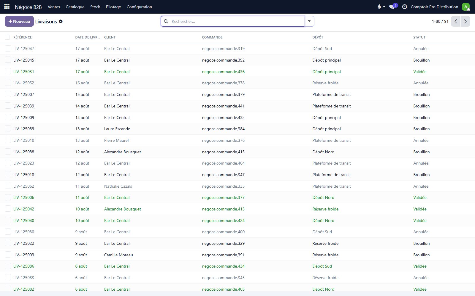 Logiciel de gestion de stock — écran Livraisons